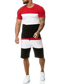 Men's 2 Piece Striped Short Sleeved T Shirt Top and Shorts Set Tracksuit Set for Men S-XXL - M - Red