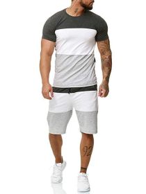 Men's 2 Piece Striped Short Sleeved T Shirt Top and Shorts Set Tracksuit Set for Men S-XXL - M - Gray