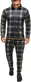 Men's 2 Pieces Tracksuits Jacket and Pants Casual Full Zip Running Jogging Athletic Plaid Sports Sweatsuits - L - Black