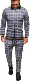 Men's 2 Pieces Tracksuits Jacket and Pants Casual Full Zip Running Jogging Athletic Plaid Sports Sweatsuits - L - Light grey