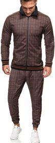 Men's 2 Pieces Tracksuits Jacket and Pants Casual Full Zip Running Jogging Athletic Plaid Sports Sweatsuits - XL - Coffee