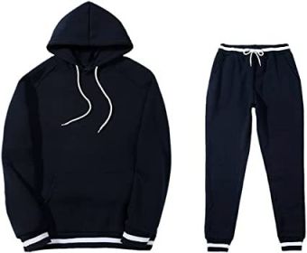 Mens 2 Piece Tracksuit Running Jogging Hoodie Pants Sets Loose Hooded Plus Velvet and Thick Sport Suit - L - navy blue