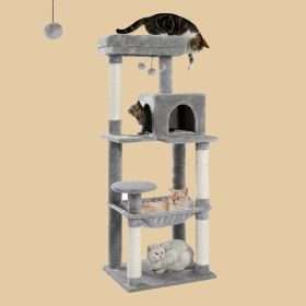 56.3-inch High Indoor Cat Tree, Multi-level Cat Tower With Oversized Hammock, Scratch Column Covered With Sisal, Comfortable Apartment And Top-notch B (Color: Grey)