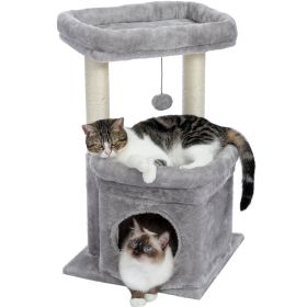 Small Cat Tree For Indoor Cats, Medium Cat Tower With Interactive Cat Toy, 32.7-inch Cat Condo With Self Groomer Brush, Natural Cat Scratching Post, D (Color: Grey)