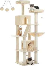 PAWZ Road 180cm Large Cat Tree For Indoor Cats, Multi-Level Cat Tower Cat Scratching Post With 2 Perches, 2 Condos, Hammock And 2 Pompoms Grey (Color: Beige)