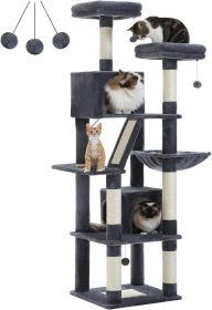 PAWZ Road 180cm Large Cat Tree For Indoor Cats, Multi-Level Cat Tower Cat Scratching Post With 2 Perches, 2 Condos, Hammock And 2 Pompoms Grey (Color: Black)