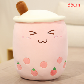 Cute Fruit Drink Plush Stuffed Soft Strawberry Milk Tea Plush Boba Tea Cup Toy Bubble Tea Pillow Cushion Kids Gift (Option: Pink-35CM)