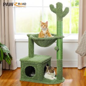 PAWZ Road Cactus Cat Tree Condo 39.4 Inch With Hammock, Tall Sisal Scratching Post For Indoor Medium Cats, Green (Color: Green)