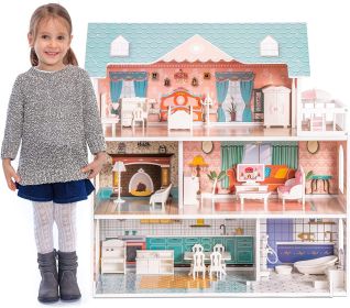 Robud Wooden Dollhouse For Kids Girls Toy Gift For 3 Years Old With 28 Furnit (Option: WDH01)